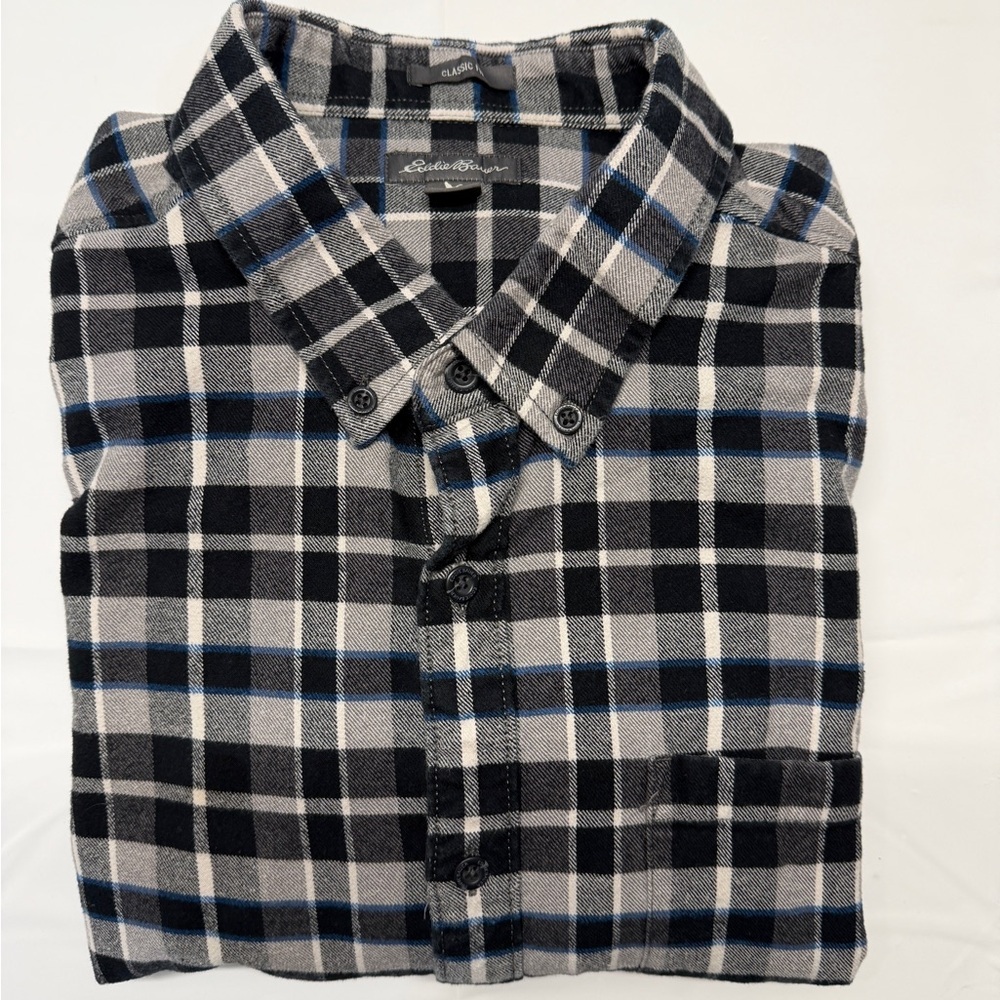 Eddie Bauer Black, Gray & Blue‎ Plaid Flannel Button-Down Shirt